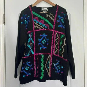 Vintage MARNIE WEST Beaded Sequins Sweater 80s 90s Shoulder Pads L